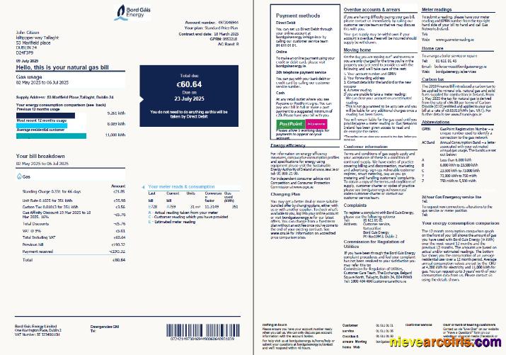 Ireland Bord Gáis Energy utility bill, 2 pages, version 2